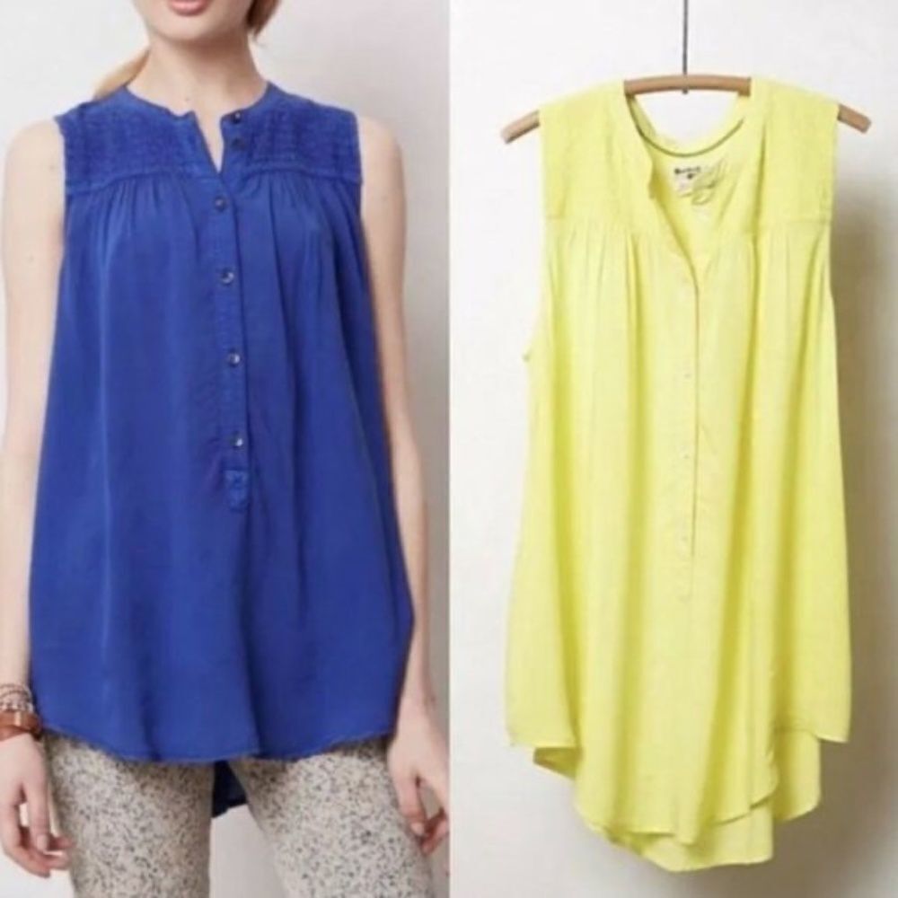 (BOGO FREE) Anthropologie Holding Horses Smocked Henley Yellow Top Blouse Small